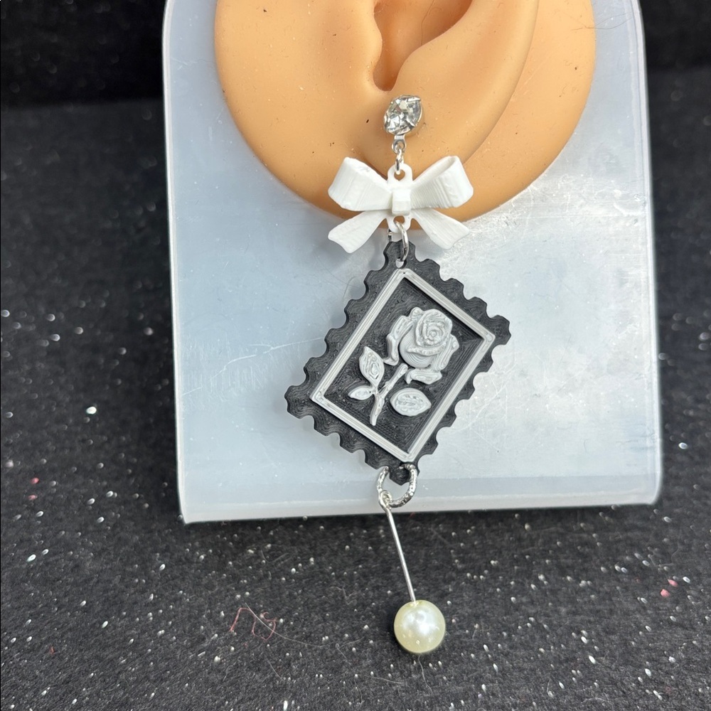 Black & Silver Postage Stamp Rose Earrings with Bow & Pearl Drop - Picture 4 of 5